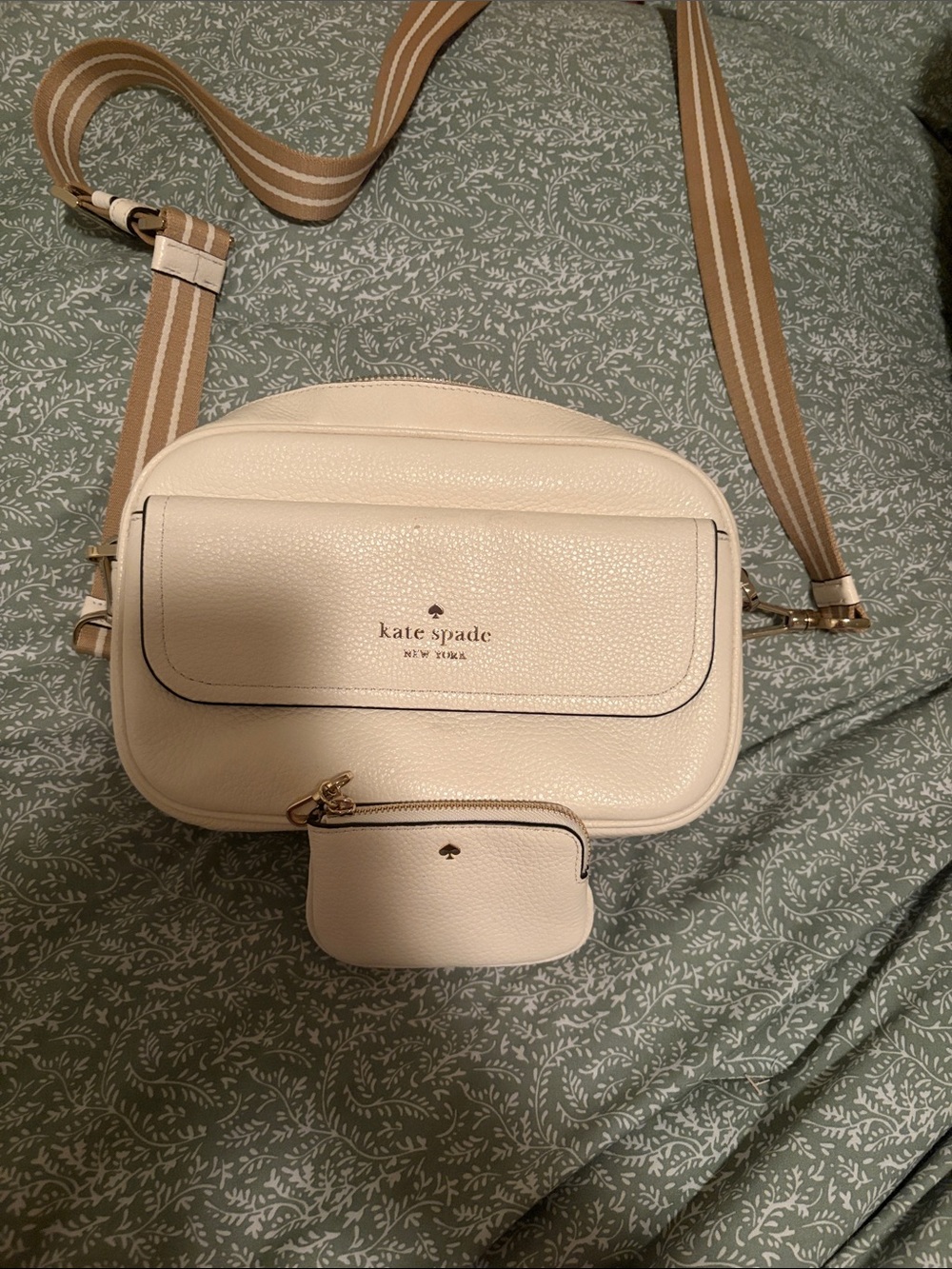 kate spade cream pebbled leather crossbody with striped strap